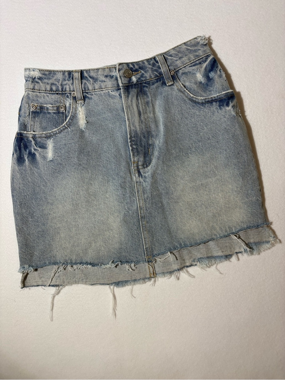 GREY LAB Distressed Light Blue Cut Off Denim Mini Skirt